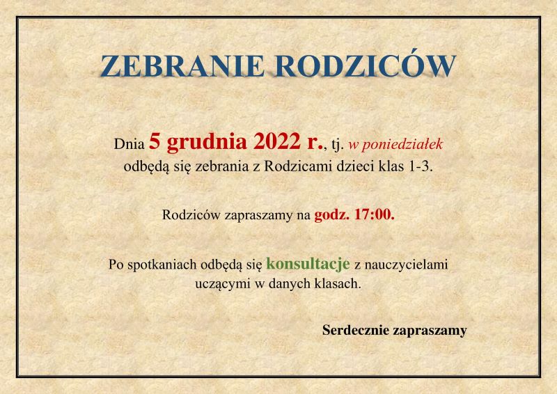 ZEBRANIE RODZICÓW dla klas 1-3 - zdjęcie 1