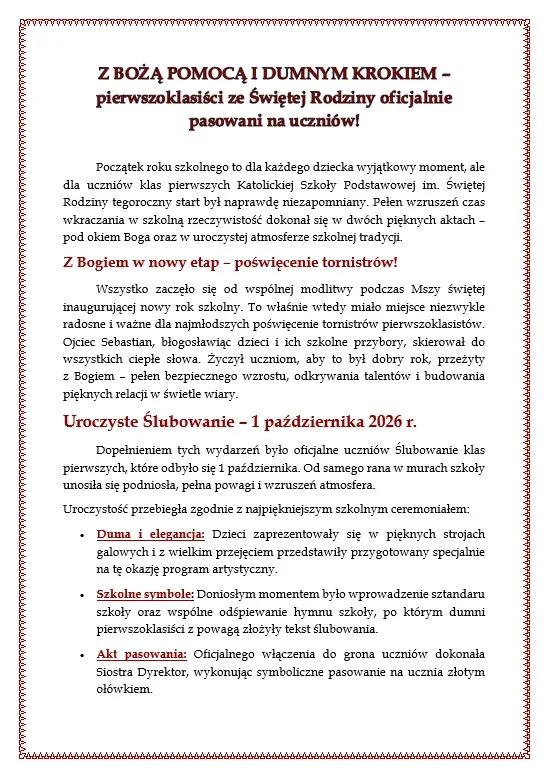 Z BOŻĄ POMOCĄ I DUMNYM KROKIEM – pierwszoklasiści ze Świętej Rodziny oficjalnie pasowani na uczniów!